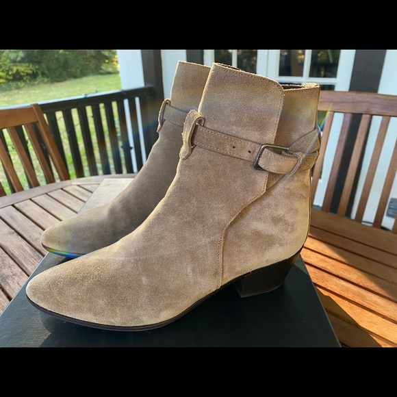 Saint Laurent Shoes - Saint Laurent Taupe Suede Ankle Boots with Buckle